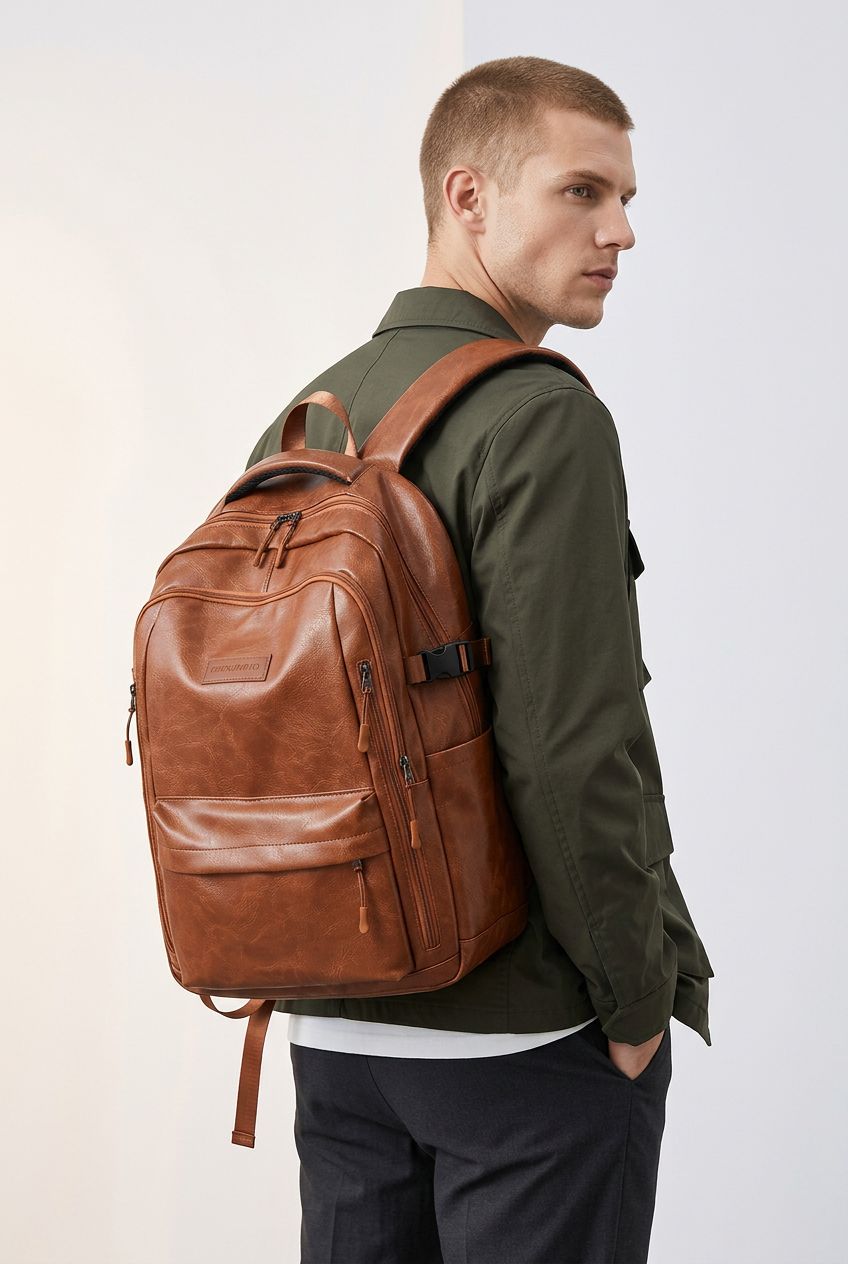 Mochila PU Leather NordicVoyage marrom com tablet e informações de dimensões