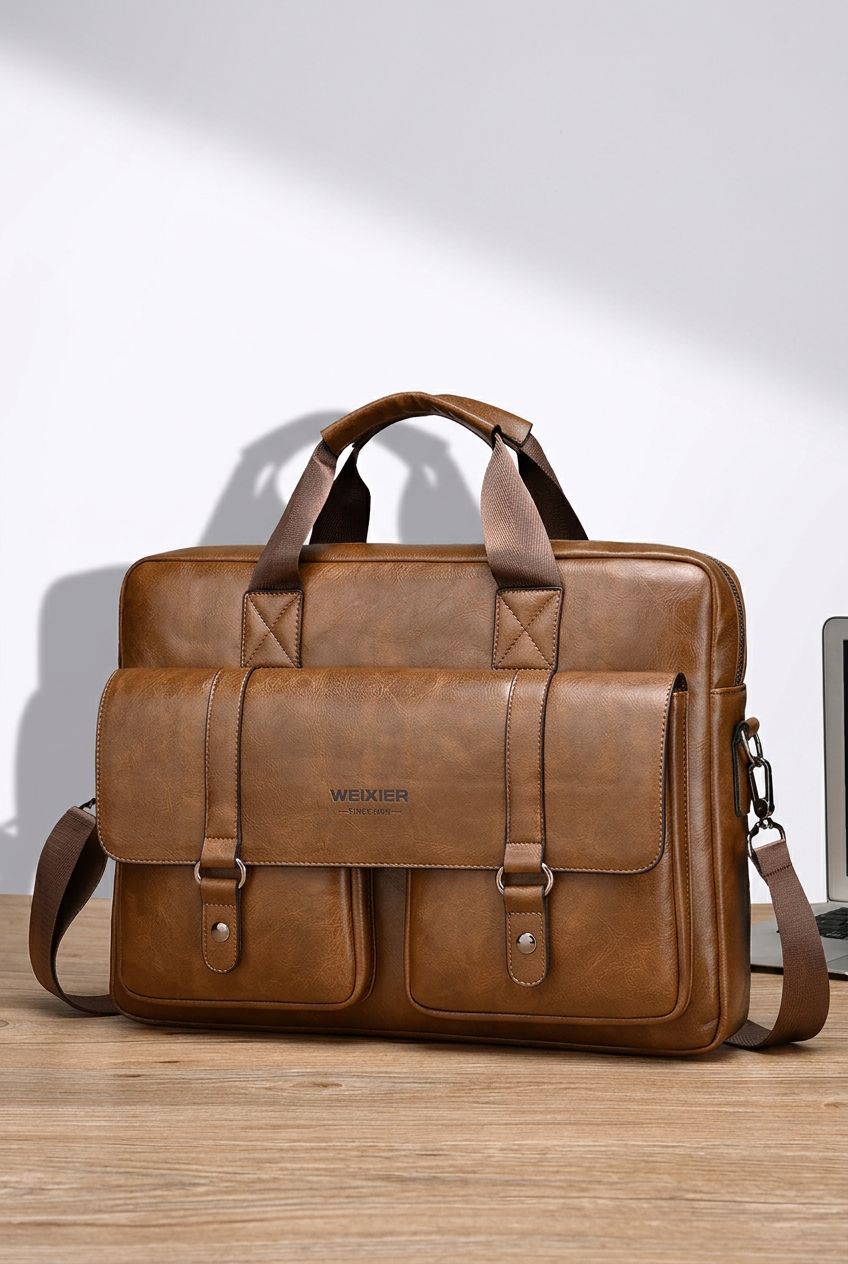 Aethel laptop bag styled for business travel PU Leather Briefcase Aethel detail shot