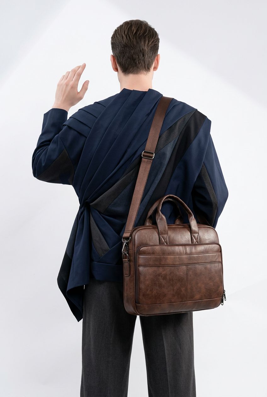 Man placing brown leather briefcase Aethel on rolling suitcase for travel