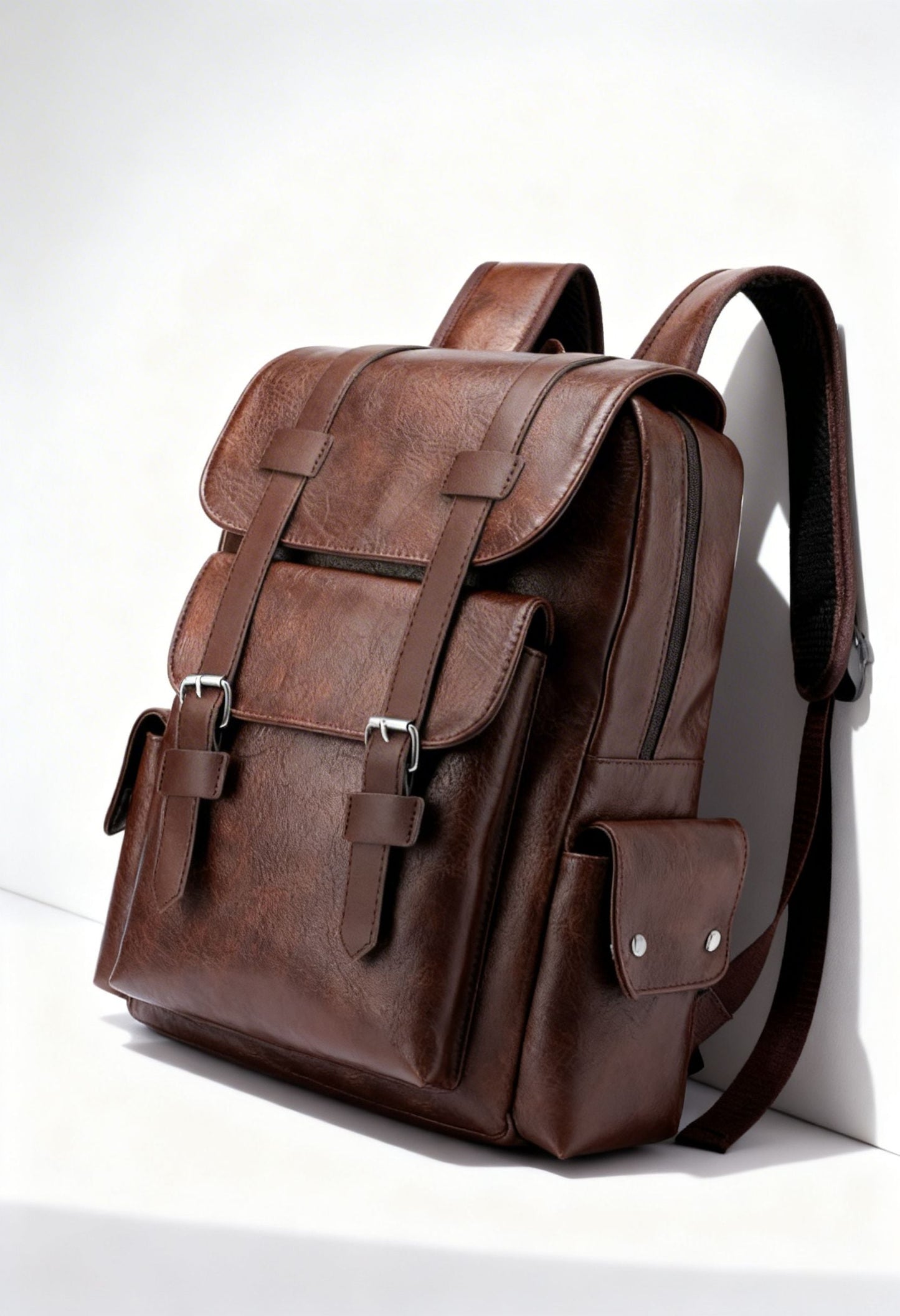 Side view of large capacity men's PU leather backpack, showcasing its slim profile and durable construction.