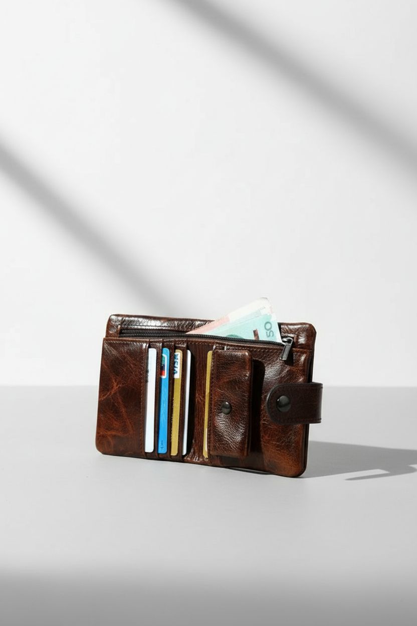 Back view of retro business purse clutch, real cow leather wallet.