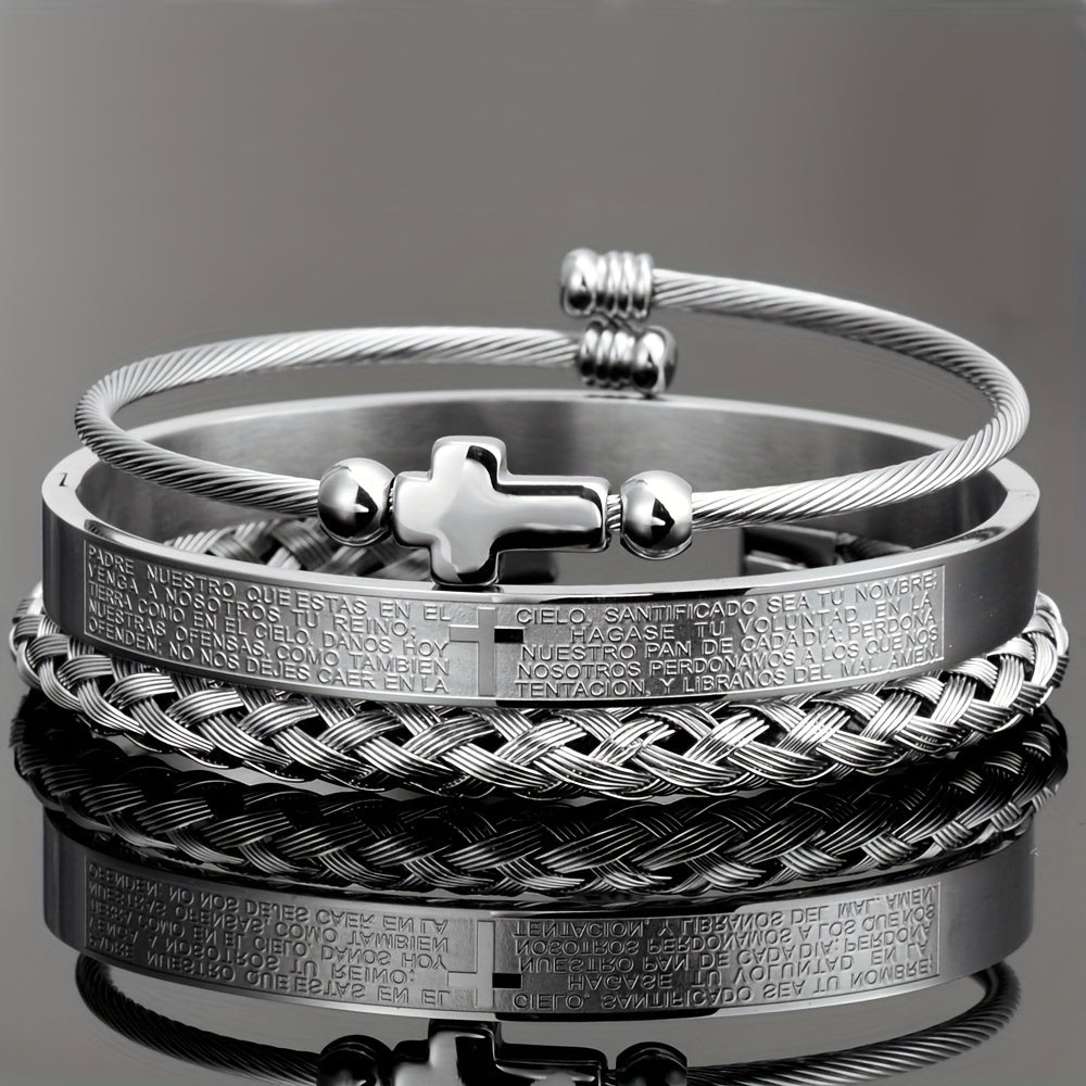 3pcs/set Cross Bangle, Stainless Steel Braided Elastic Hemp Rope Open Bangle, Titanium Steel Simple Bangle For Couple