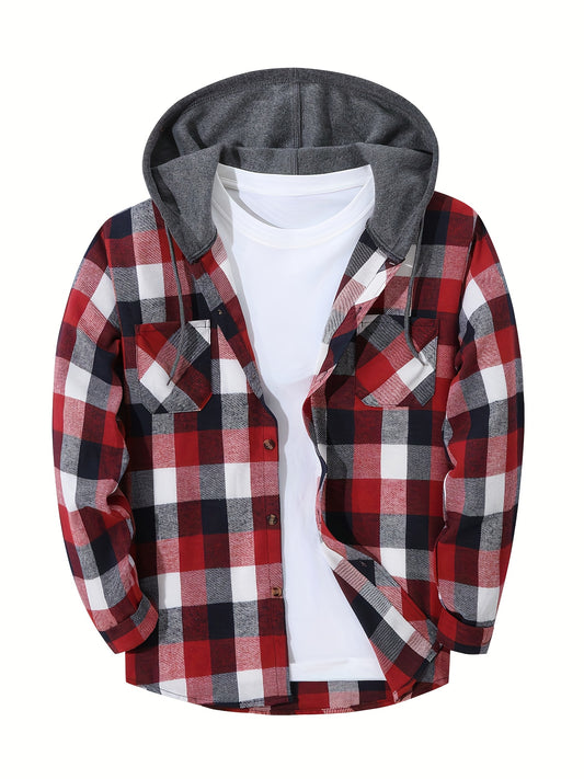 Men'S Sporty Hooded Sweatshirt - Red & Plaid Jacket with Button Front Closure, Non-Stretch Fabric for Gym, Casual Outfits - Everyday Streetwear Pullover Hoodie, Gym Apparel, Sporty Design, Durable Construction, Active Lifestyle, Sporty Style