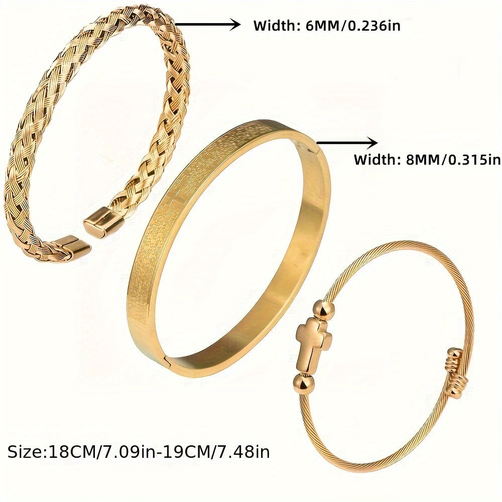 3pcs/set Cross Bangle, Stainless Steel Braided Elastic Hemp Rope Open Bangle, Titanium Steel Simple Bangle For Couple