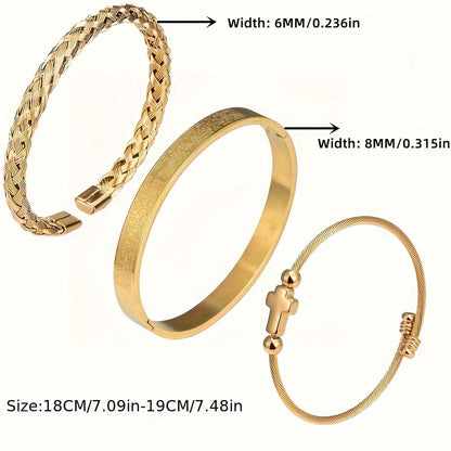 3pcs/set Cross Bangle, Stainless Steel Braided Elastic Hemp Rope Open Bangle, Titanium Steel Simple Bangle For Couple