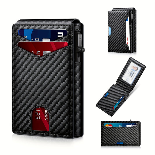 1pc LASVAULT RFID Blocking Pop-Up Card Holder for Men - Carbon Fiber Texture Slim Street Style Wallet with Multiple Card Slots & Secure Closure, Compact Lightweight Design for Everyday Use