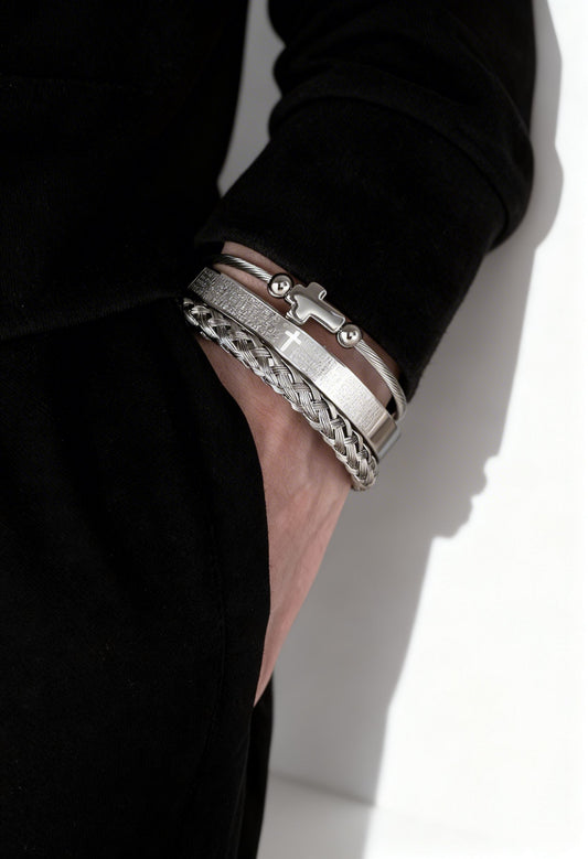 3pcs/set Cross Bangle, Stainless Steel Braided Elastic Hemp Rope Open Bangle, Titanium Steel Simple Bangle For Couple