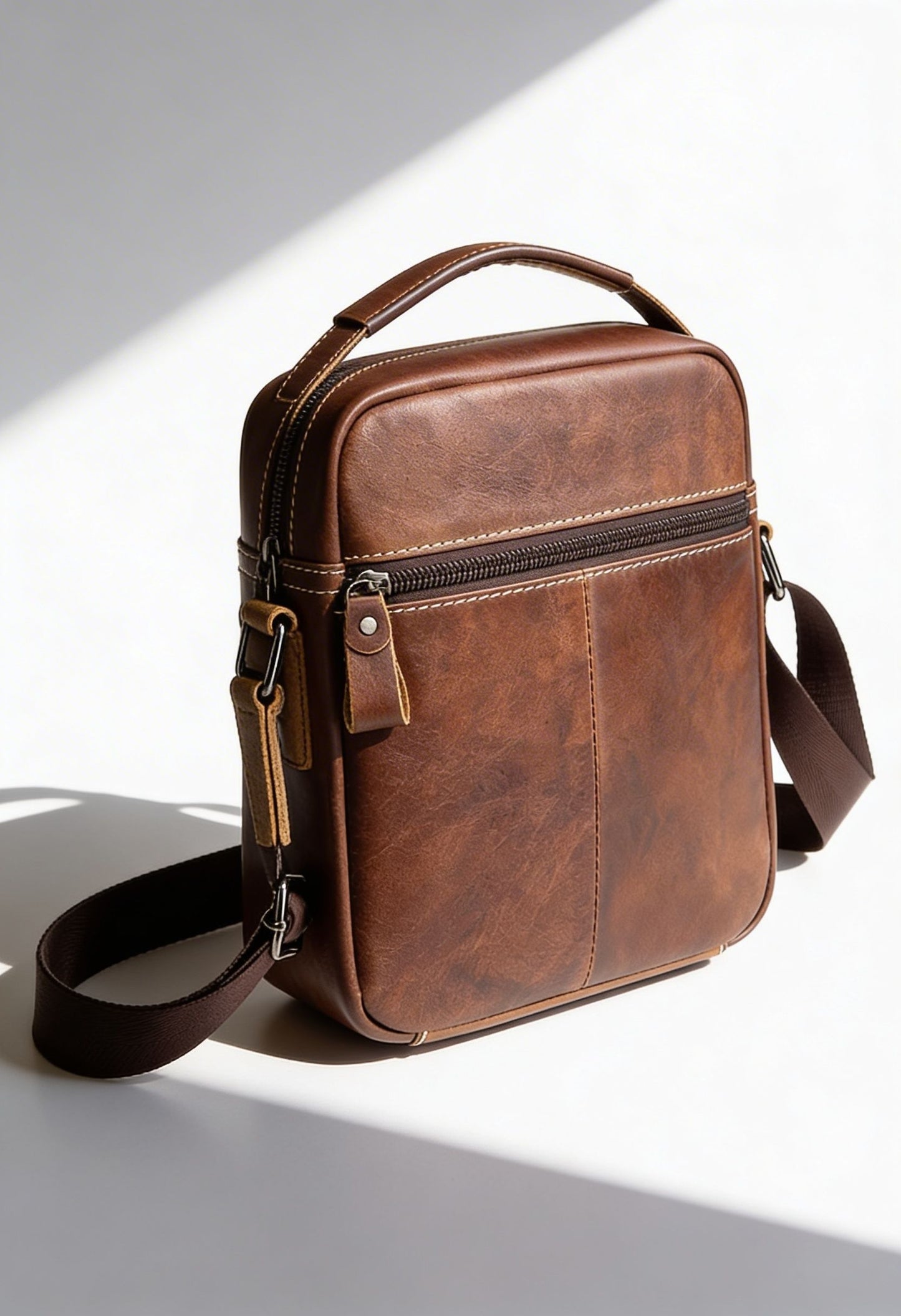 Elegant Top-Grain Leather Crossbody Bag - Back Panel Anti-Theft Pocket