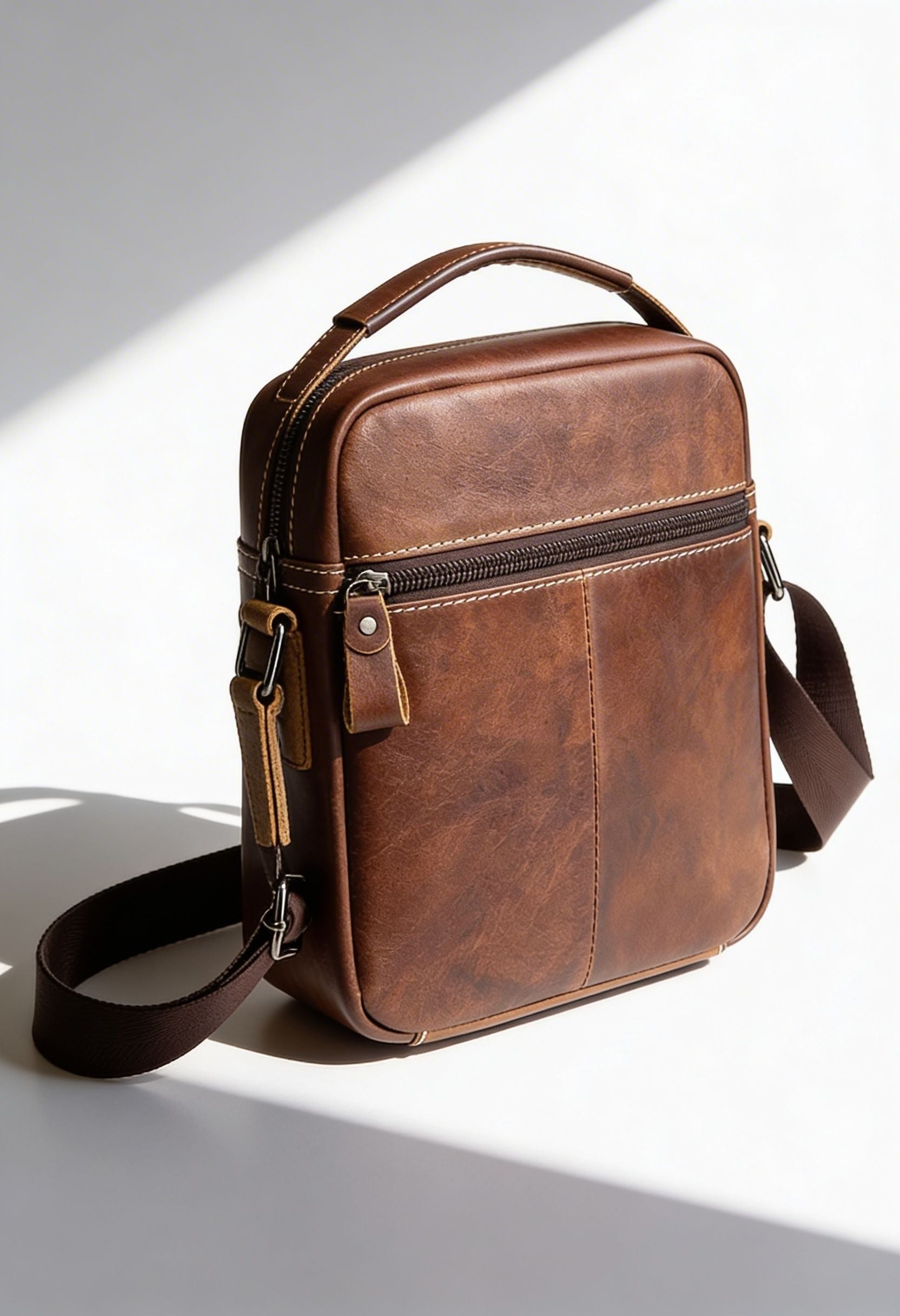 Elegant Top-Grain Leather Crossbody Bag - Back Panel Anti-Theft Pocket