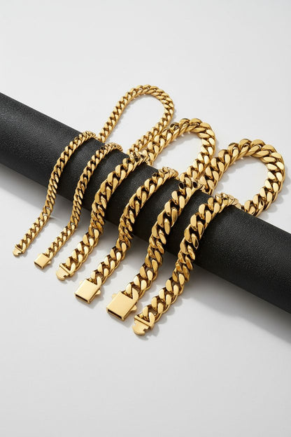 Hip Hop Stainless Steel Encrypted Four-sided Grinding 8.10.12mm Cuban Necklace Spring Buckle Titanium Stainless Steel Hip Hop Necklace for Men. 18K Golden Plated Plated 18K Golden Plated Real 18K Golden Plated Hip Hop Jewelry