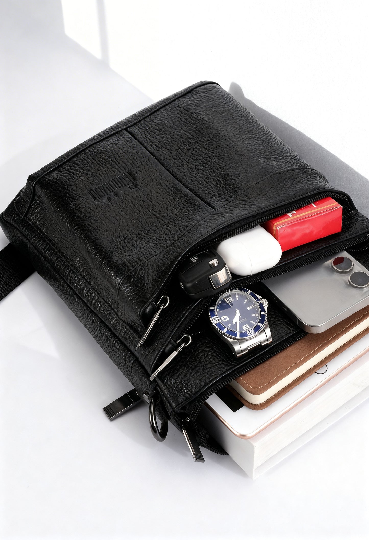 Mushongcan Investment - Men's Academy Genuine Leather Crossbody Bag, Business Daily Fashion Shoulder Bag, Student Multi-functional Large Capacity Book Zipper Chest Bag, Suitable for Office Commuting, School, and Travel