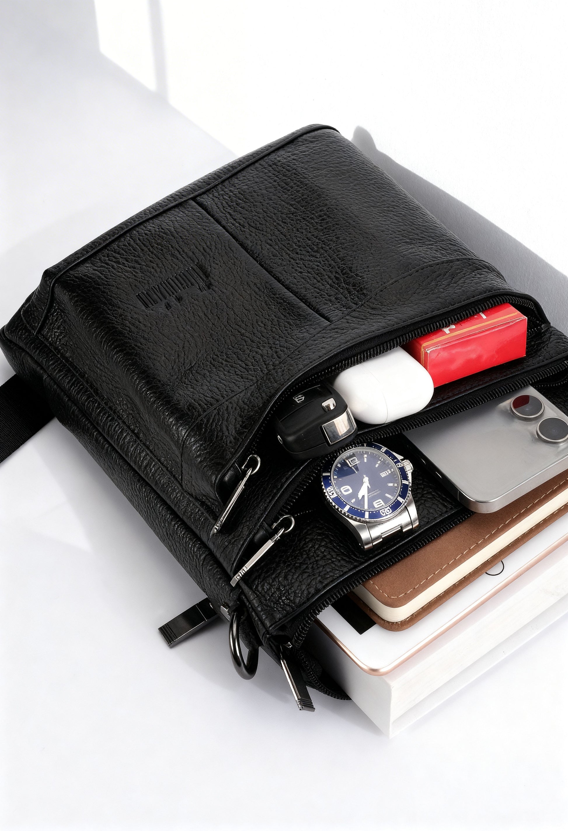 Mushongcan Investment - Men's Academy Genuine Leather Crossbody Bag, Business Daily Fashion Shoulder Bag, Student Multi-functional Large Capacity Book Zipper Chest Bag, Suitable for Office Commuting, School, and Travel