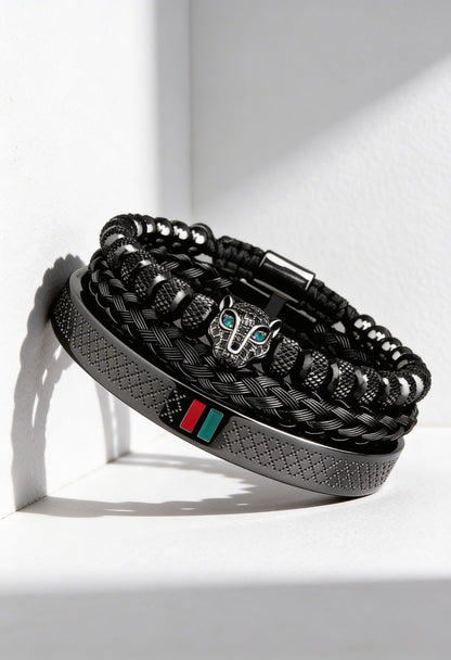 Men'S Bracelet Handcrafted with a CZ Leopard Print Enamel Head, Featuring Green And Red Accents, Made of 304L 304 304L 304 Stainless Steel Jewelry