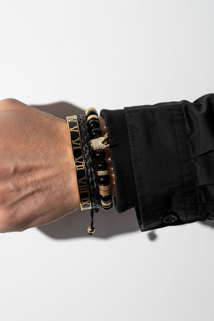 Luxury men's Roman crown charm bracelet made of stainless steel with natural tiger’s eye stone. Elegant masculine jewelry with royal crown design, perfect for modern men who appreciate premium accessories and timeless style.