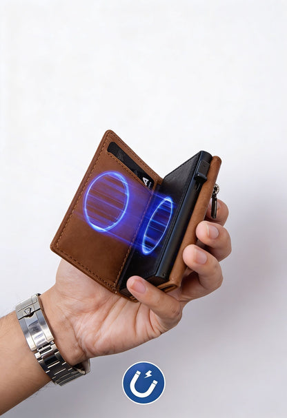 Sleek Vintage Brown Wallet with Pop-up Card Holder - RFID Blocking Technology Detail