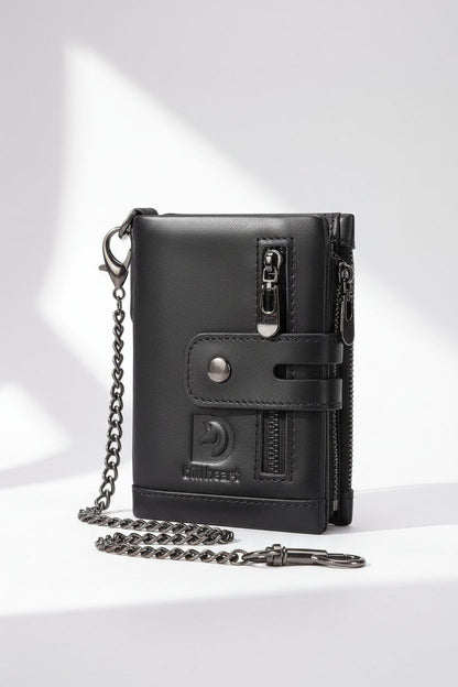 Men's Wallet With Chain Genuine Leather Short Wallet RFID Blocking Card Holder Double Zipper Coin Pocket Anti-Theft Wallet, Ideal Gift For Men