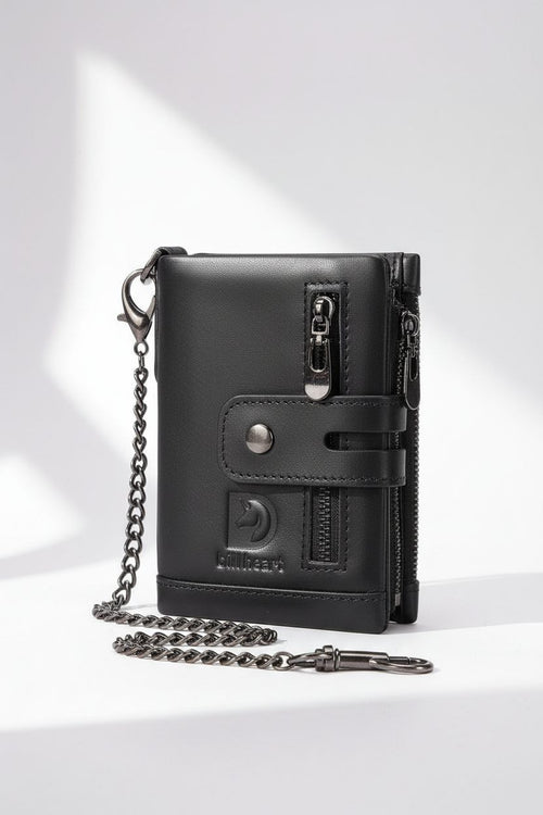 Men's Wallet With Chain Genuine Leather Short Wallet RFID Blocking Card Holder Double Zipper Coin Pocket Anti-Theft Wallet, Ideal Gift For Men