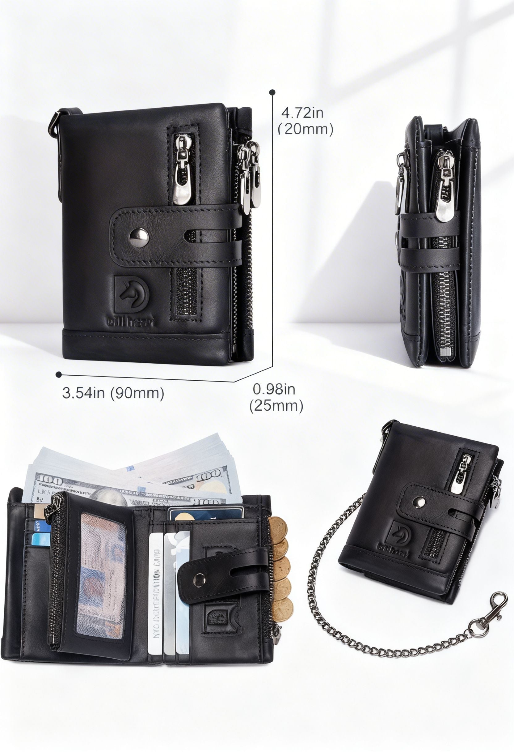 Men's Wallet With Chain Genuine Leather Short Wallet RFID Blocking Card Holder Double Zipper Coin Pocket Anti-Theft Wallet, Ideal Gift For Men