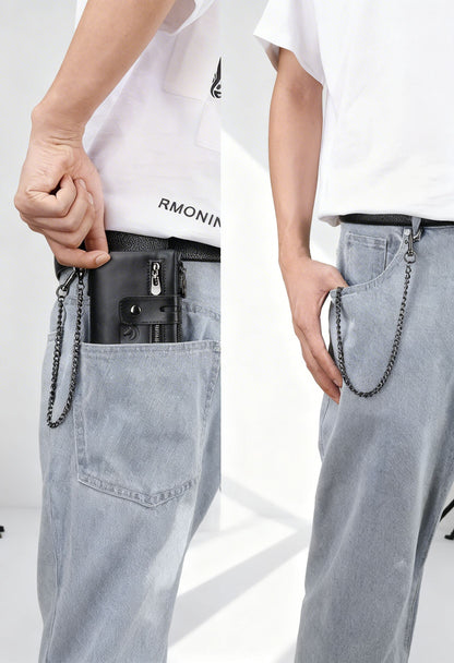Men's Wallet With Chain Genuine Leather Short Wallet RFID Blocking Card Holder Double Zipper Coin Pocket Anti-Theft Wallet, Ideal Gift For Men
