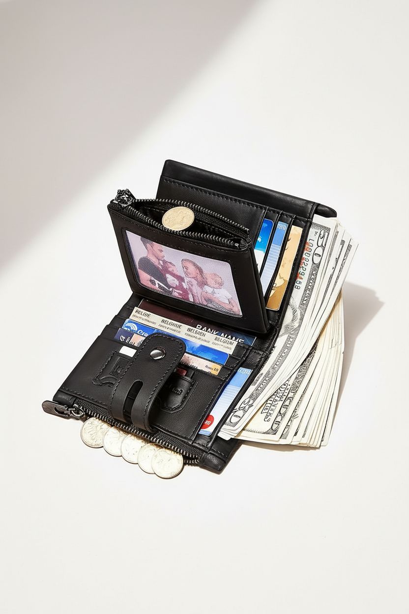 Men's Wallet With Chain Genuine Leather Short Wallet RFID Blocking Card Holder Double Zipper Coin Pocket Anti-Theft Wallet, Ideal Gift For Men