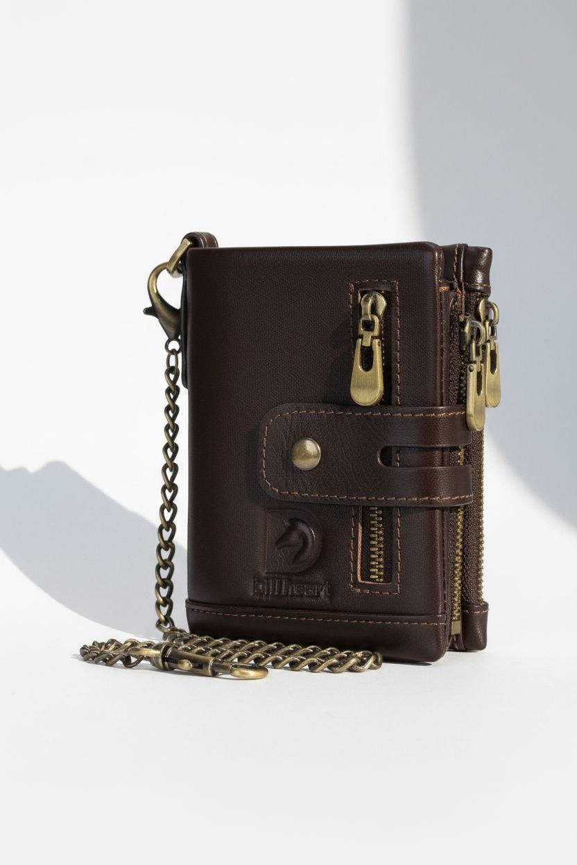 Men's Wallet With Chain Genuine Leather Short Wallet RFID Blocking Card Holder Double Zipper Coin Pocket Anti-Theft Wallet, Ideal Gift For Men