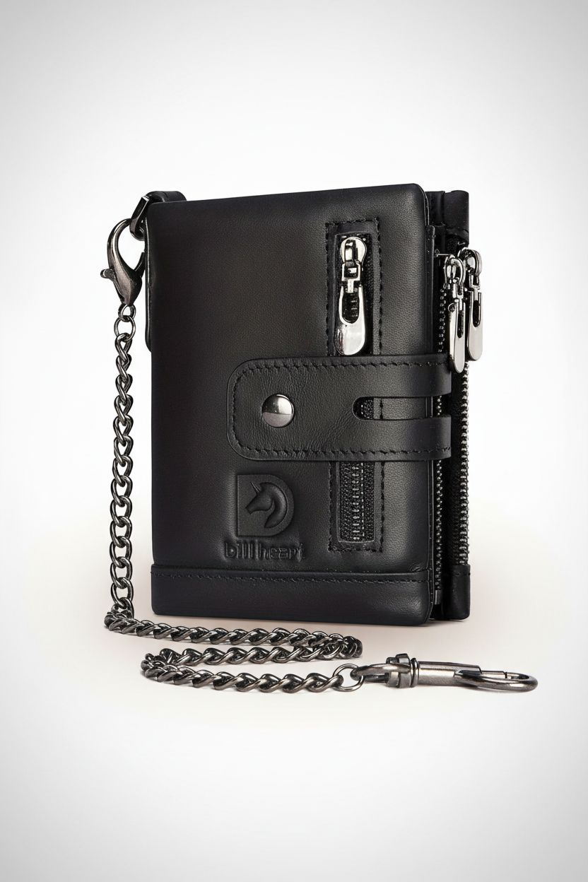 Men's Wallet With Chain Genuine Leather Short Wallet RFID Blocking Card Holder Double Zipper Coin Pocket Anti-Theft Wallet, Ideal Gift For Men