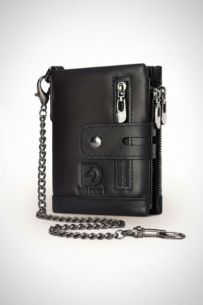 Men's Wallet With Chain Genuine Leather Short Wallet RFID Blocking Card Holder Double Zipper Coin Pocket Anti-Theft Wallet, Ideal Gift For Men