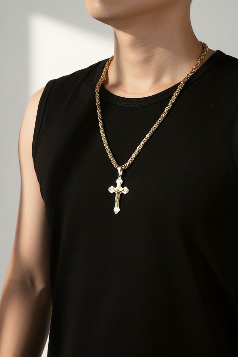 Men's New Cross Pendant Sweater Chain Accessory Handmade Necklace in Gold Plated