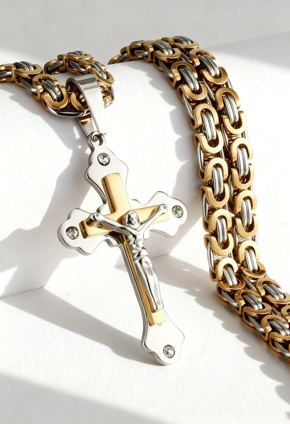 Men's New Cross Pendant Sweater Chain Accessory Handmade Necklace in Gold Plated