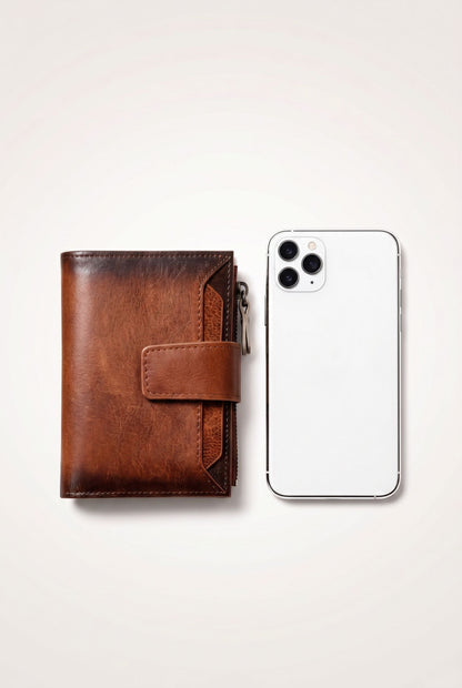 Elegant Tri-fold Leather Wallet with RFID Protection - Brown - Men's Wallet