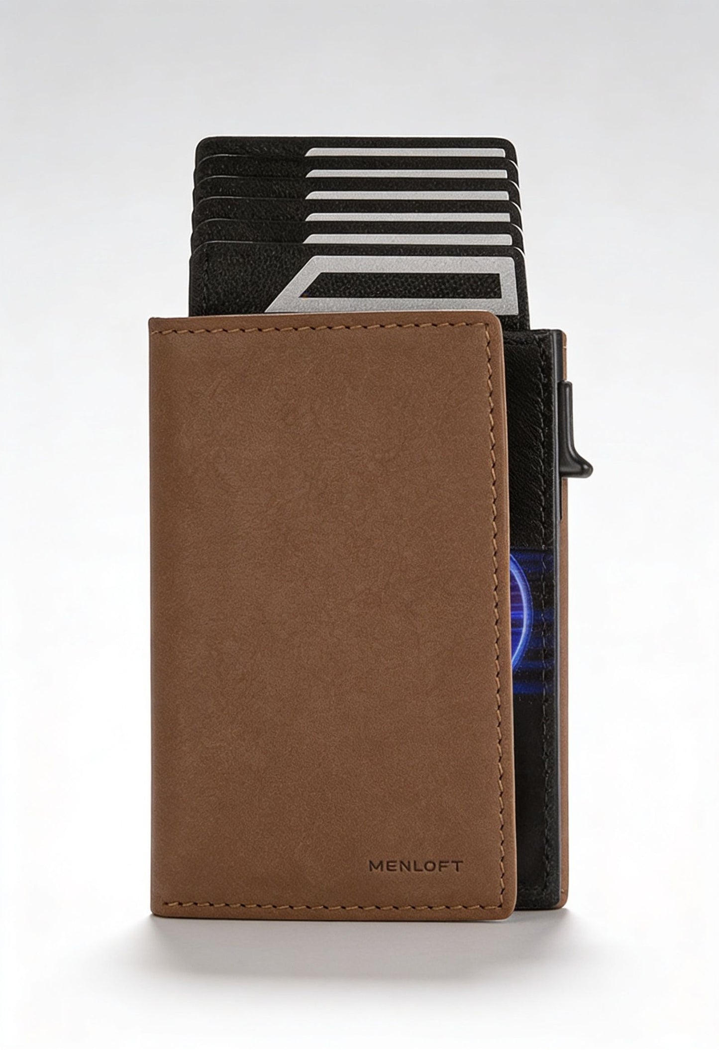 Sleek Vintage Brown Wallet with Pop-up Card Holder - RFID Blocking Technology Detail