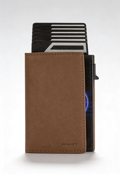 Sleek Vintage Brown Wallet with Pop-up Card Holder - RFID Blocking Technology Detail