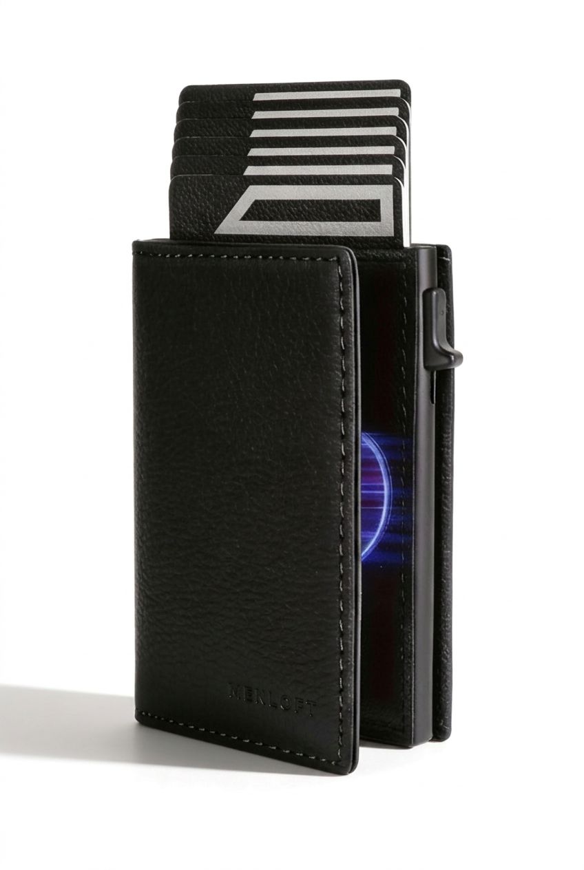 Sleek Vintage Brown Wallet with Pop-up Card Holder - RFID Blocking Technology Detail