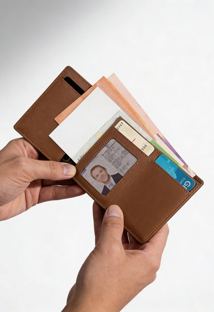 Sleek Vintage Brown Wallet with Pop-up Card Holder - Premium Leather Texture Close-Up