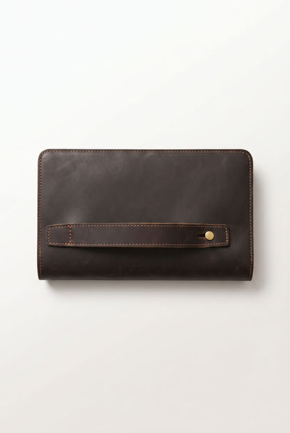 Detail of the genuine leather texture on the vintage clutch wallet