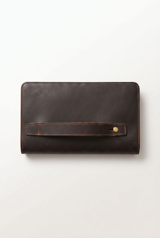 Detail of the genuine leather texture on the vintage clutch wallet