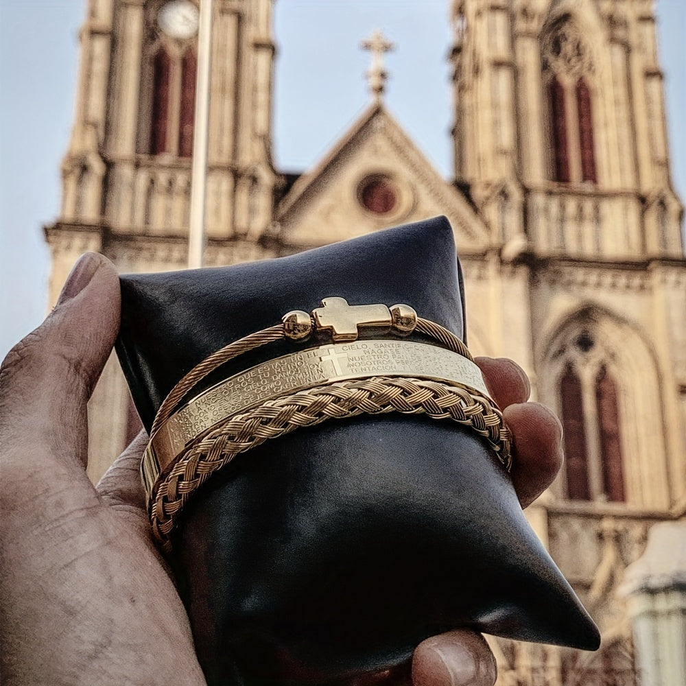 3pcs/set Cross Bangle, Stainless Steel Braided Elastic Hemp Rope Open Bangle, Titanium Steel Simple Bangle For Couple