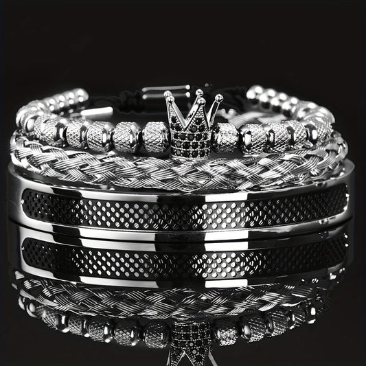 Elegant Men's Crown Bracelet Set - Stainless Steel & CZ - Menloft