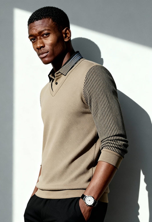 Elegant Men's Striped Lapel Polo Sweater - Menloft