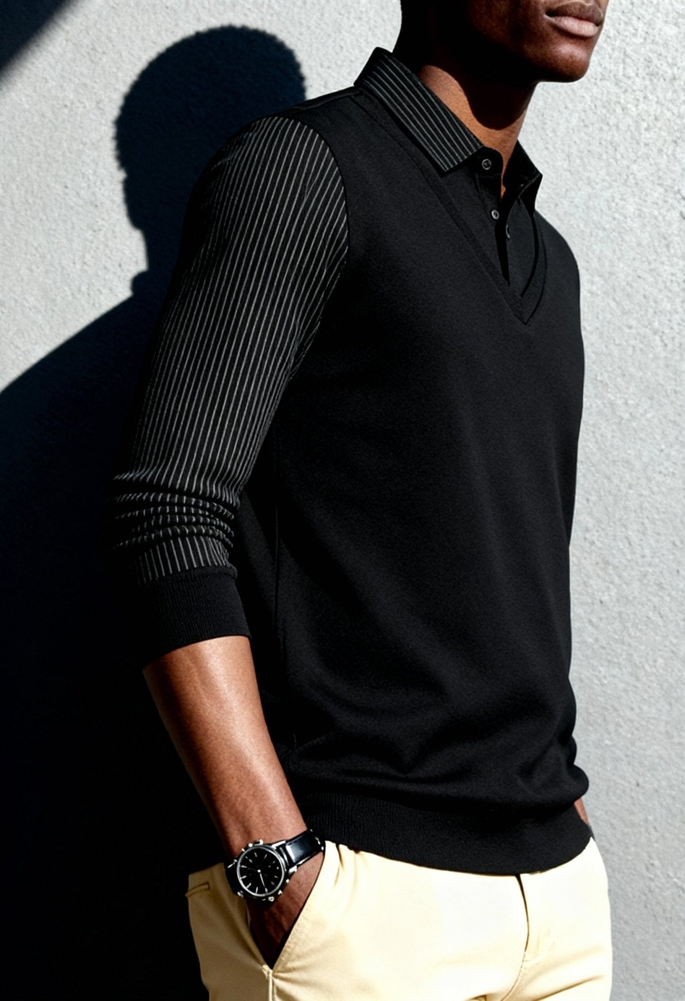 Elegant Men's Striped Lapel Polo Sweater - Menloft