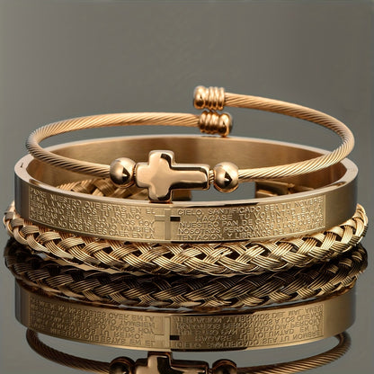 3pcs/set Cross Bangle, Stainless Steel Braided Elastic Hemp Rope Open Bangle, Titanium Steel Simple Bangle For Couple