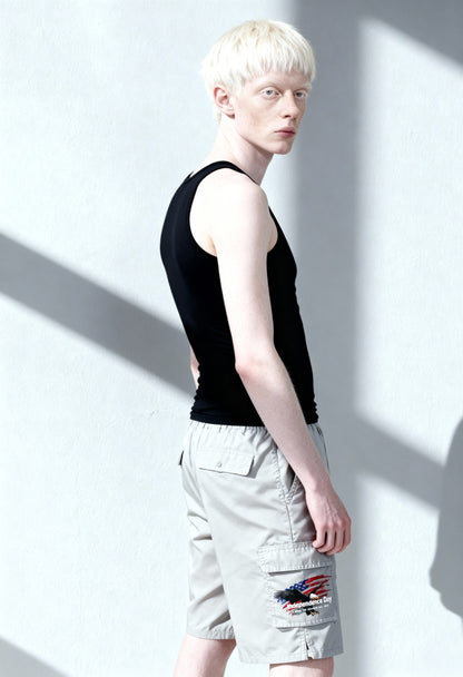 Men's Patriotic Cargo Shorts Set with Zipper Pockets