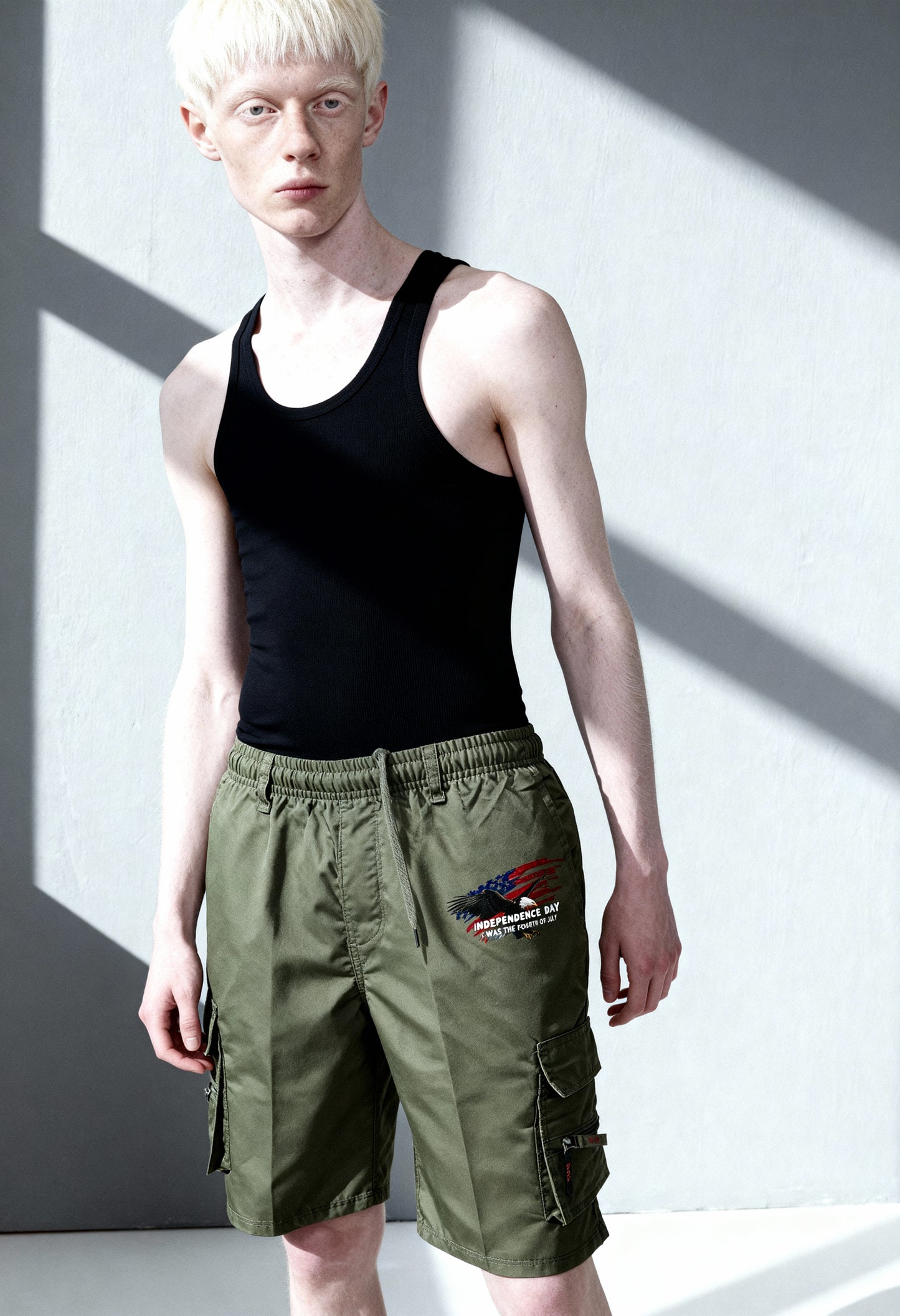 Men's Patriotic Cargo Shorts Set with Zipper Pockets