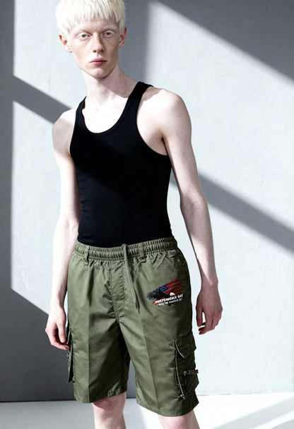 Men's Patriotic Cargo Shorts Set with Zipper Pockets
