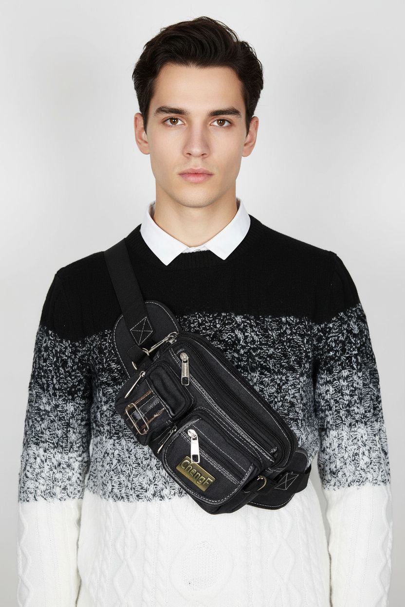 Fashionable Multi-layer Zipper Waist Bag Fanny Pack, Canvas Retro Basic Chest Bag Crossbody Bag - Men's Leather Crossbody Bag Black