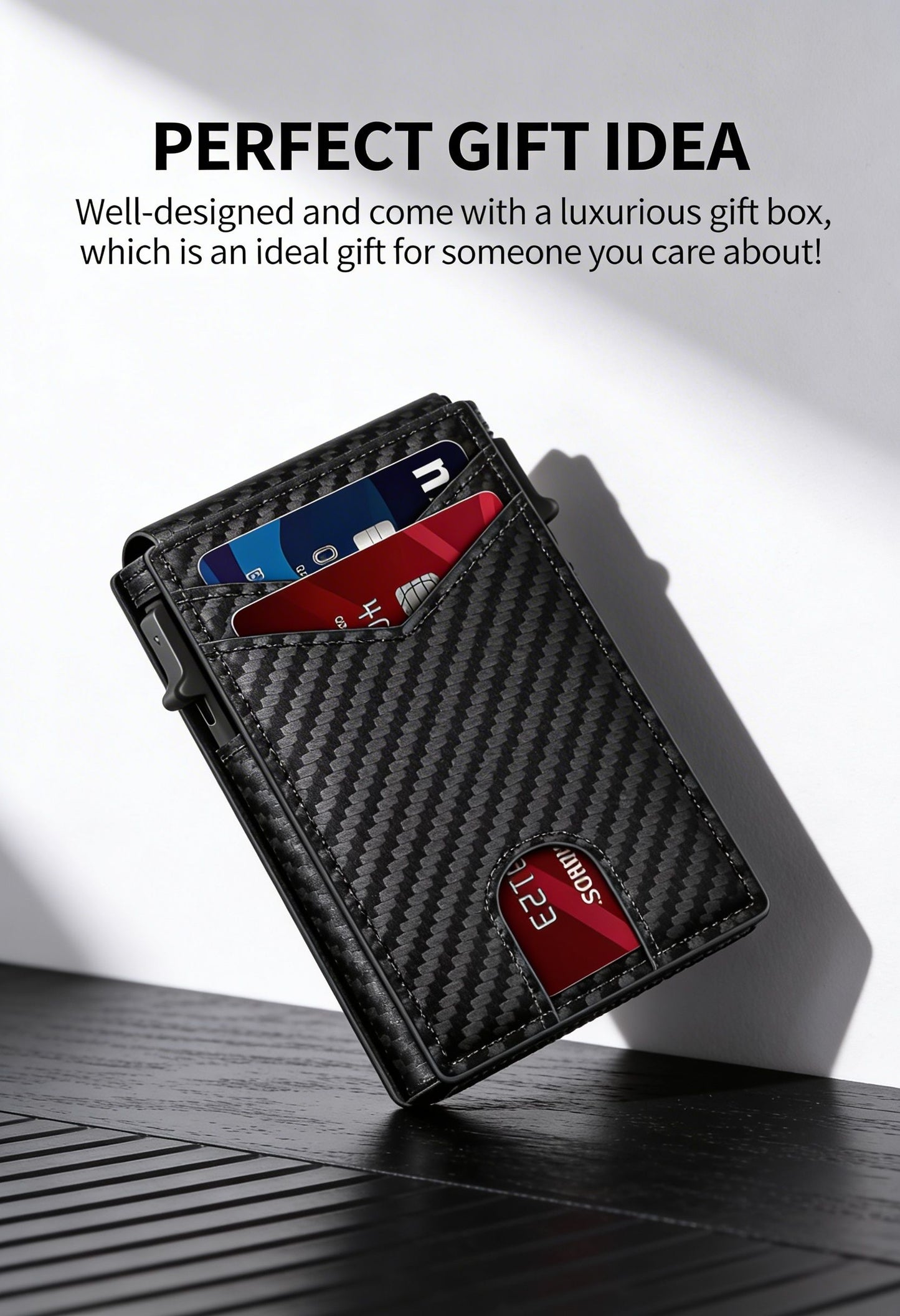 LASVAULT RFID Blocking Card Holder - Sleek Carbon Fiber Wallet - Genuine Leather Bifold Wallet Open View