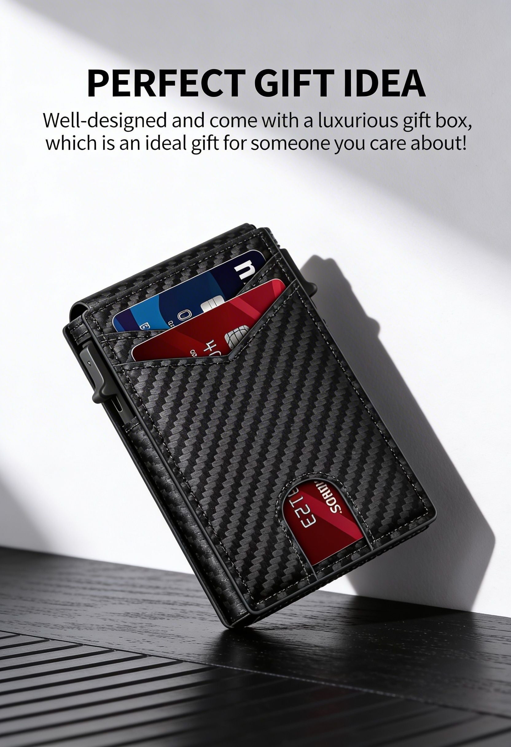 LASVAULT RFID Blocking Card Holder - Sleek Carbon Fiber Wallet - Genuine Leather Bifold Wallet Open View
