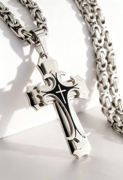 [Popular Choice] Stylish Men's Vintage Multilayer Cross Pendant Necklace - Handmade, Golden Black, Flat Design - Ideal Gift or Personal Accessory, Jewelry for Him,Valentine's Day