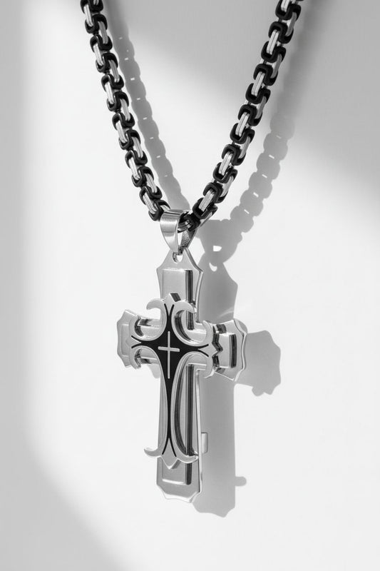 [Popular Choice] Stylish Men's Vintage Multilayer Cross Pendant Necklace - Handmade, Golden Black, Flat Design - Ideal Gift or Personal Accessory, Jewelry for Him,Valentine's Day