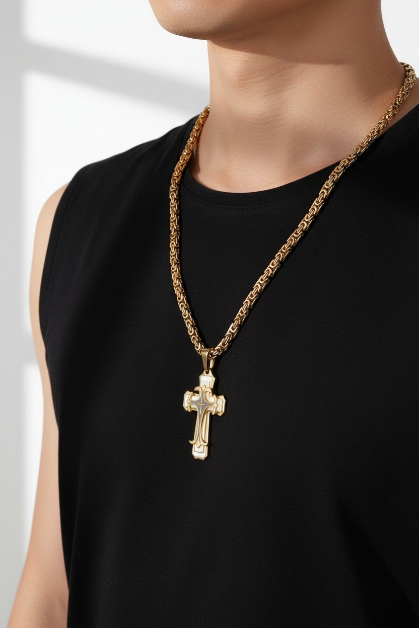 [Popular Choice] Stylish Men's Vintage Multilayer Cross Pendant Necklace - Handmade, Golden Black, Flat Design - Ideal Gift or Personal Accessory, Jewelry for Him,Valentine's Day
